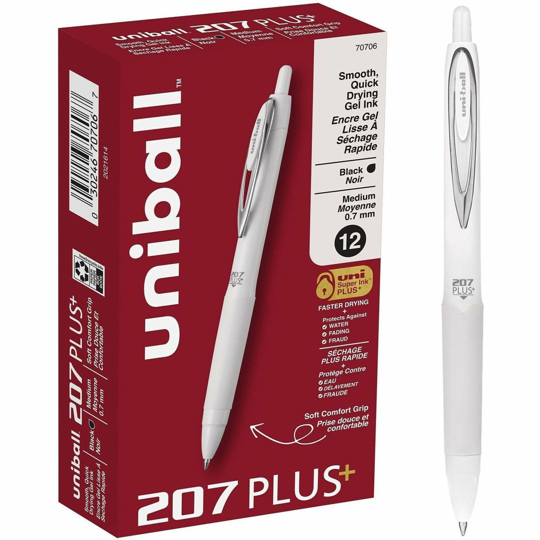 Image of uniball® 207 Plus+ Gel Pen, Retractable, Medium 0.7 mm, Black Ink, White Barrel, Dozen