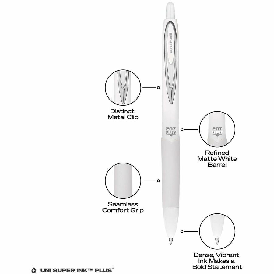 Image of uniball® 207 Plus+ Gel Pen, Retractable, Medium 0.7 mm, Black Ink, White Barrel, Dozen