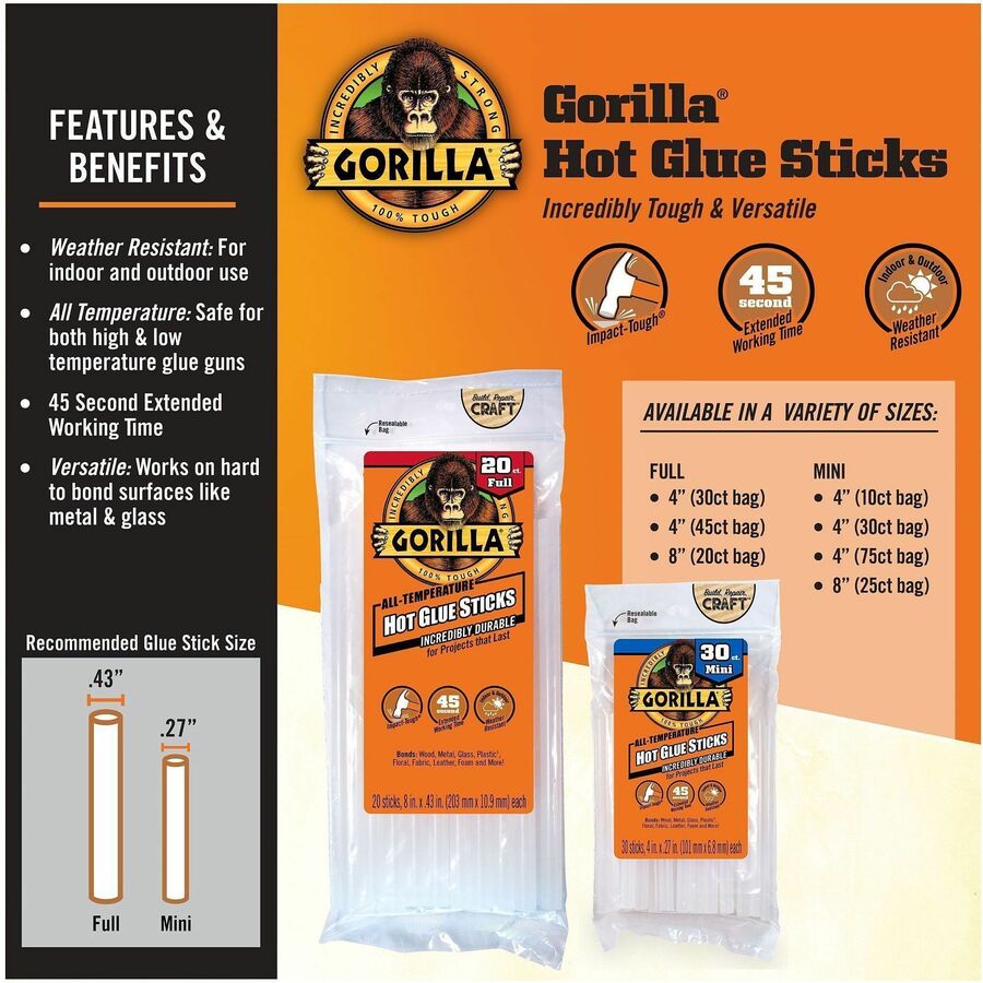 Image of Gorilla 3034502 Hot Glue Sticks, Clear, 1 Each