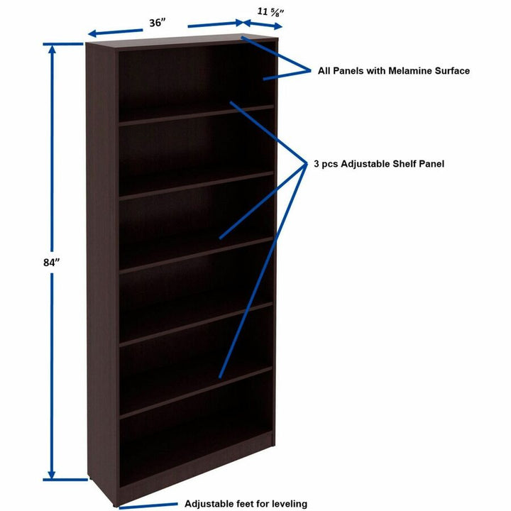 Image of Lorell Bookcase, 6-Shelf, 5 Adj Shelves, 36"x12"x84", Espresso