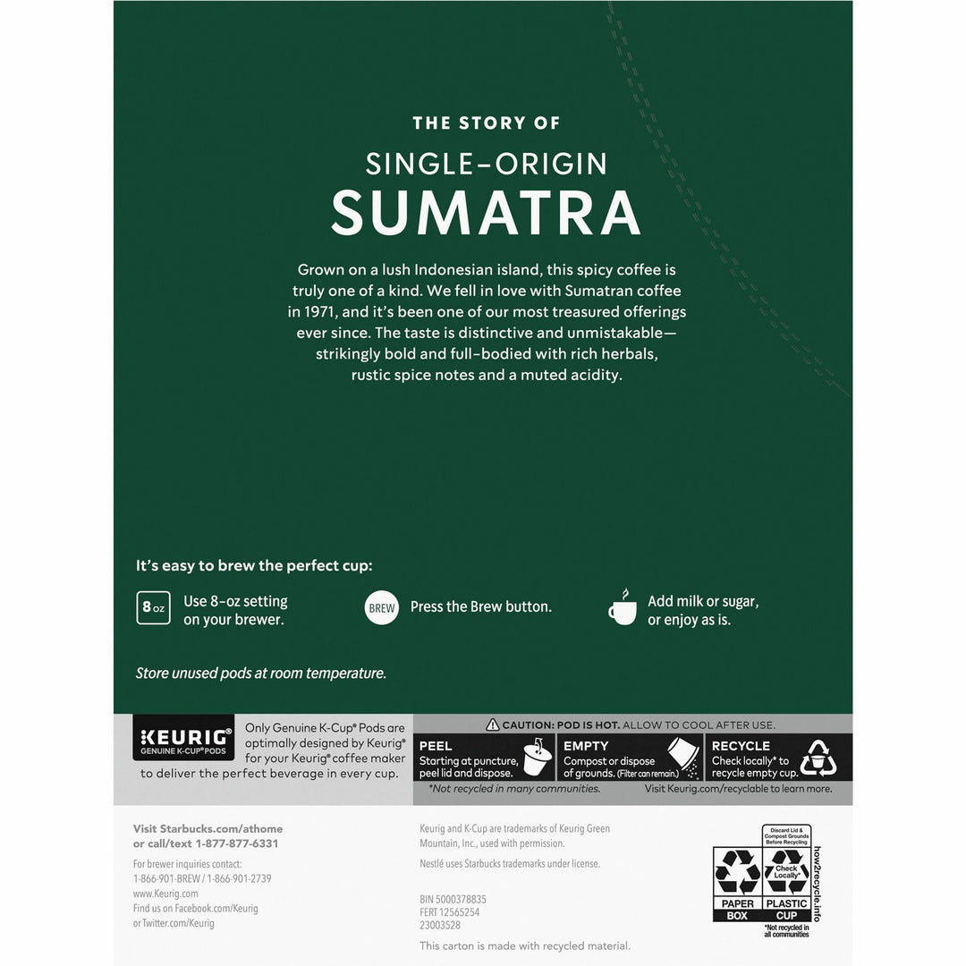 Image of Starbucks® 91281 Sumatra Coffee, Compatible with Keurig Brewer, Dark, K-Cup, Sumatra, 24 / Box