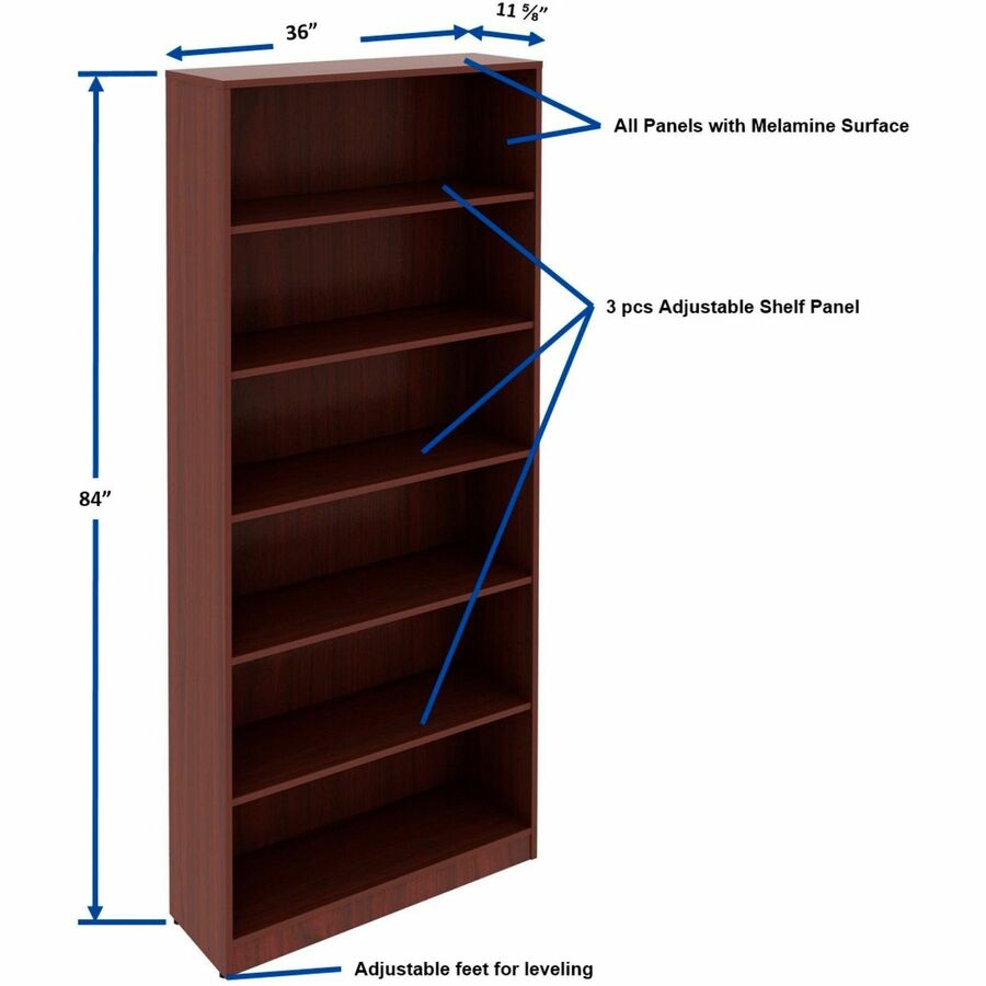 Image of Lorell Bookcase, 6-Shelf, 5 Adj Shelves, 36"x12"x84", Mahogany