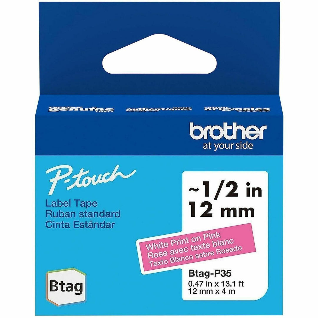 Image of P-touch BTAGP35 BTAG-P35 White on Pink Label Tape, x 15/32" W x 13 1/8 ft Length, Removable Adhesive, Pink, Plastic, Water Resistant, 1 Each