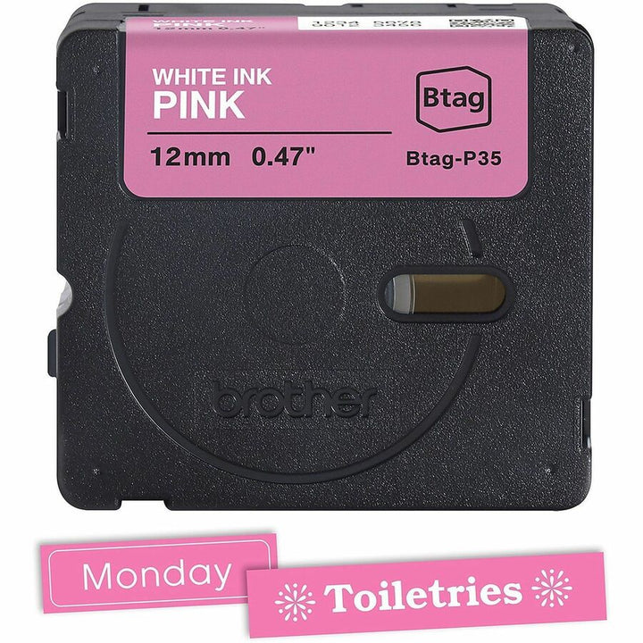 Image of P-touch BTAGP35 BTAG-P35 White on Pink Label Tape, x 15/32" W x 13 1/8 ft Length, Removable Adhesive, Pink, Plastic, Water Resistant, 1 Each