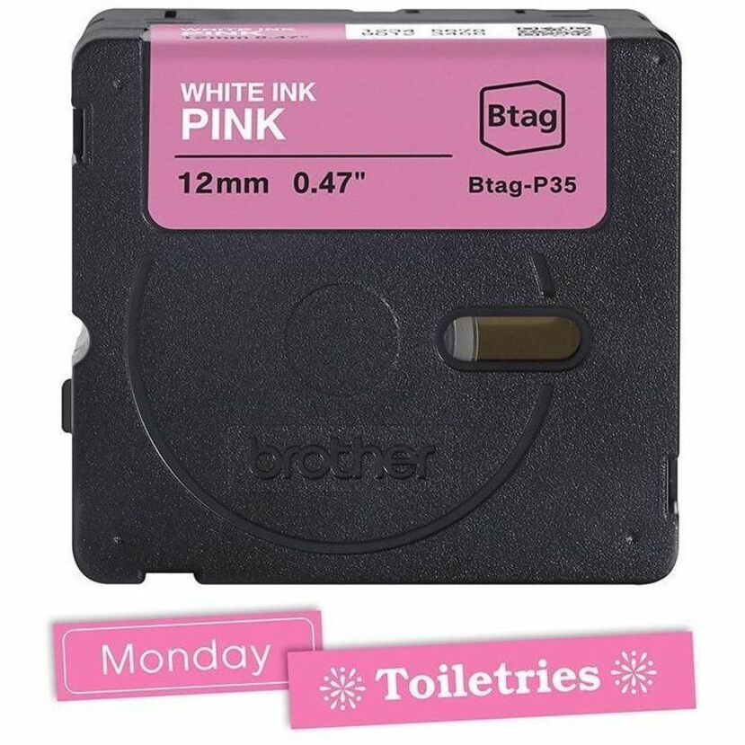 Image of P-touch BTAGP35 BTAG-P35 White on Pink Label Tape, x 15/32" W x 13 1/8 ft Length, Removable Adhesive, Pink, Plastic, Water Resistant, 1 Each