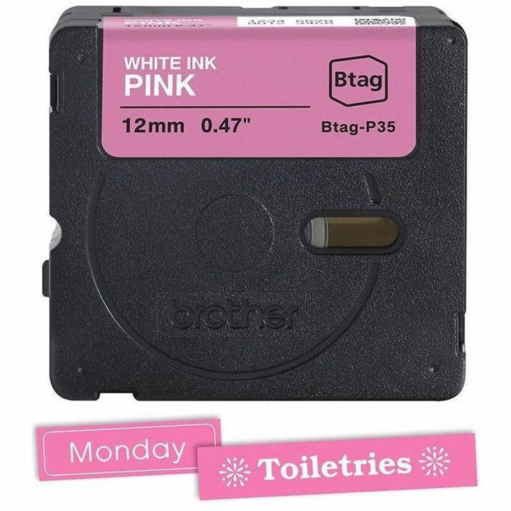 Image of P-touch BTAGP35 BTAG-P35 White on Pink Label Tape, x 15/32" W x 13 1/8 ft Length, Removable Adhesive, Pink, Plastic, Water Resistant, 1 Each
