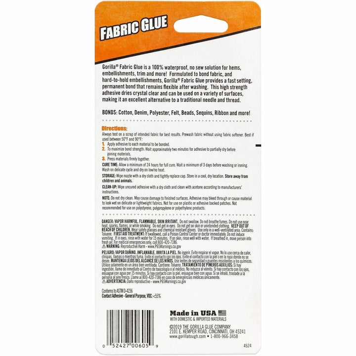 Image of Gorilla 8025501 Fabric Glue, 2.50 fl oz, Clear, 1 Each