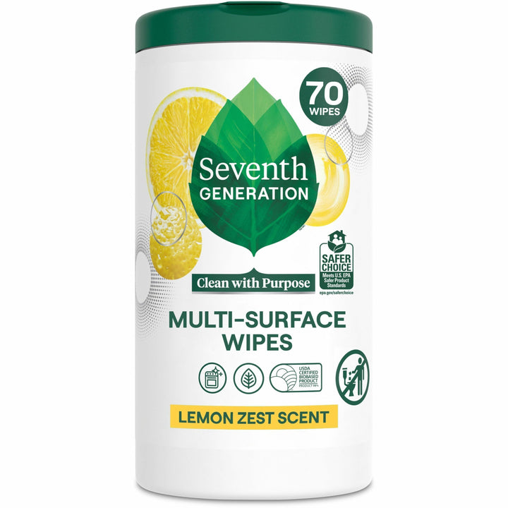 Image of Seventh Generation® Cleaning Wipes,All-Purpose,Lemon Zest,70 Wipes/Tub