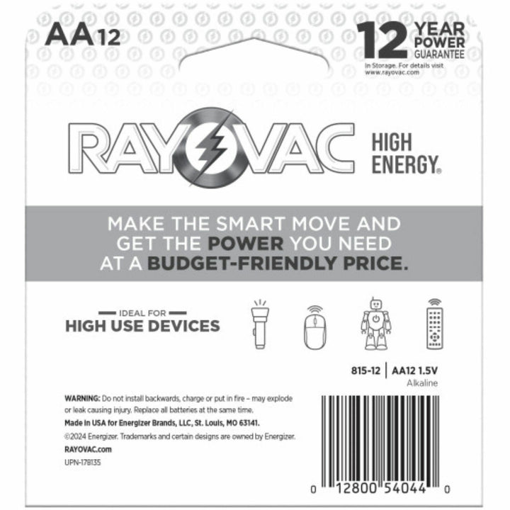 Image of Rayovac® Batteries, High-Energy, Alkaline, AA, 12/PK, BE/SR