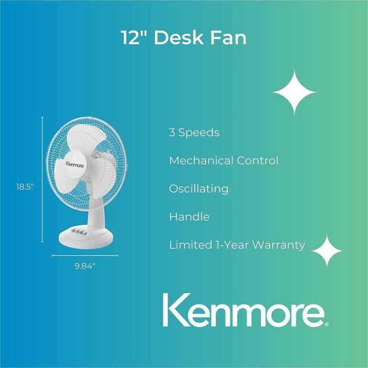 Image of Kenmore KM60007WH 12" Desk Fan, 3 Speed, Oscillating, Air Circulation, White, 1 Each