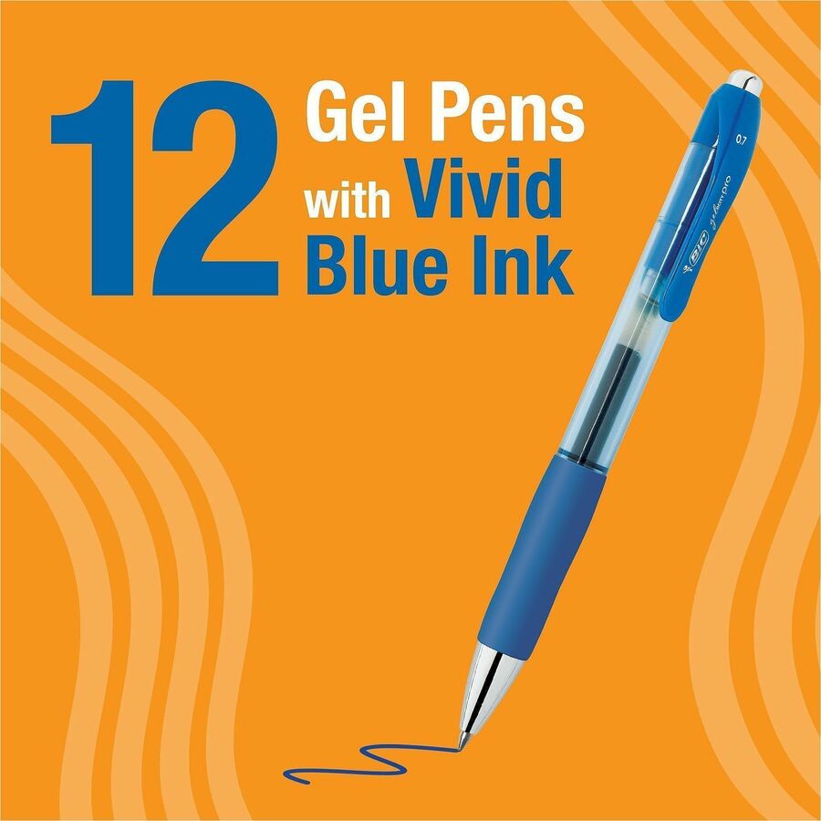 Image of BIC® Gel-ocity Pro Quick Dry Gel Pen, Retractable, Medium 0.7 mm, Blue Ink, Blue/Clear Barrel, 12/Pack