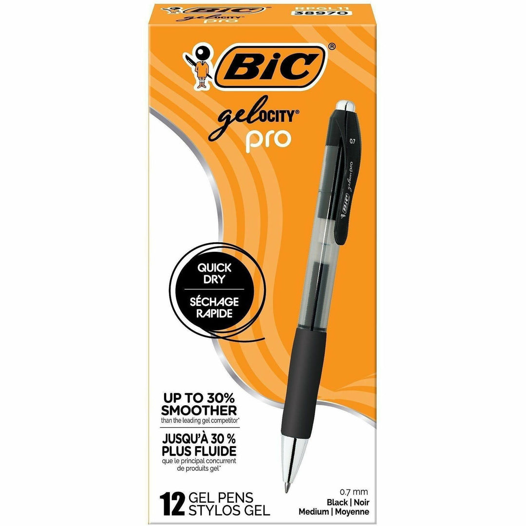 Image of BIC® Gel-ocity Pro Quick Dry Gel Pen, Retractable, Medium 0.7 mm, Black Ink, Black/Clear Barrel, 12/Pack