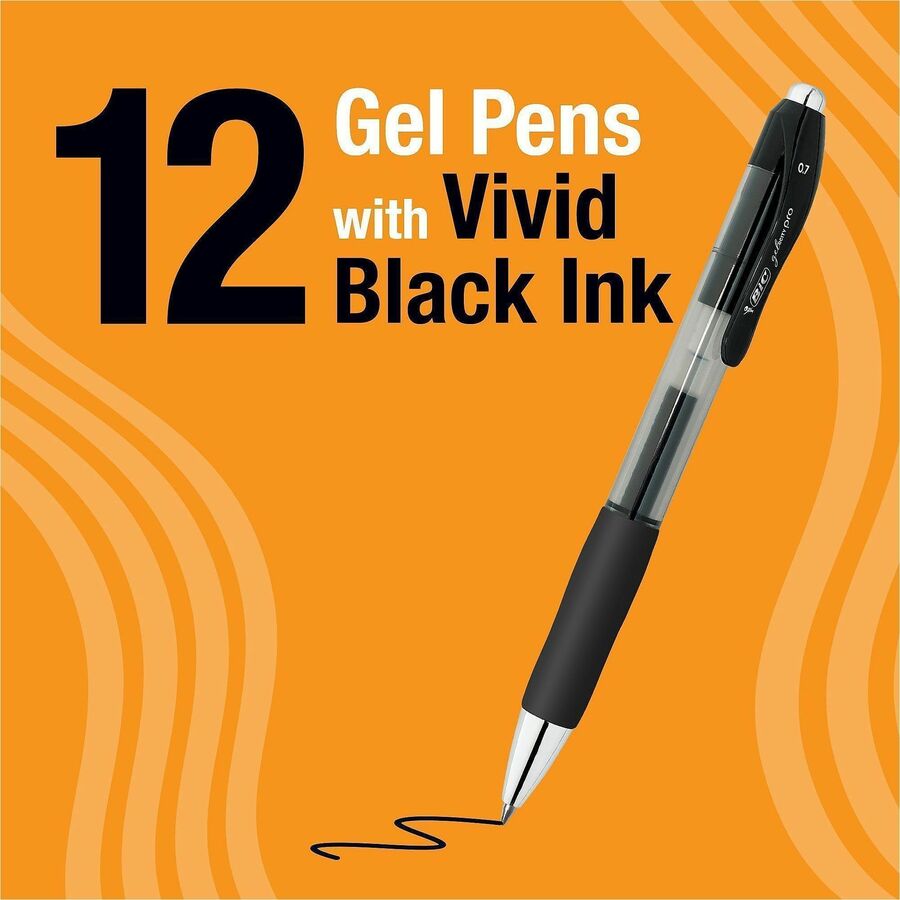 Image of BIC® Gel-ocity Pro Quick Dry Gel Pen, Retractable, Medium 0.7 mm, Black Ink, Black/Clear Barrel, 12/Pack
