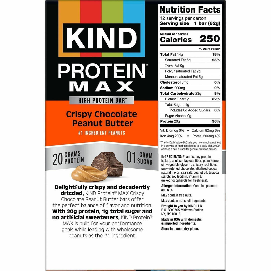 Image of KIND 43470 Protein MAX Snack Bars, High-fiber, Gluten-free, Individually Wrapped, Chocolate, Peanut Butter, 1, 12 / Box