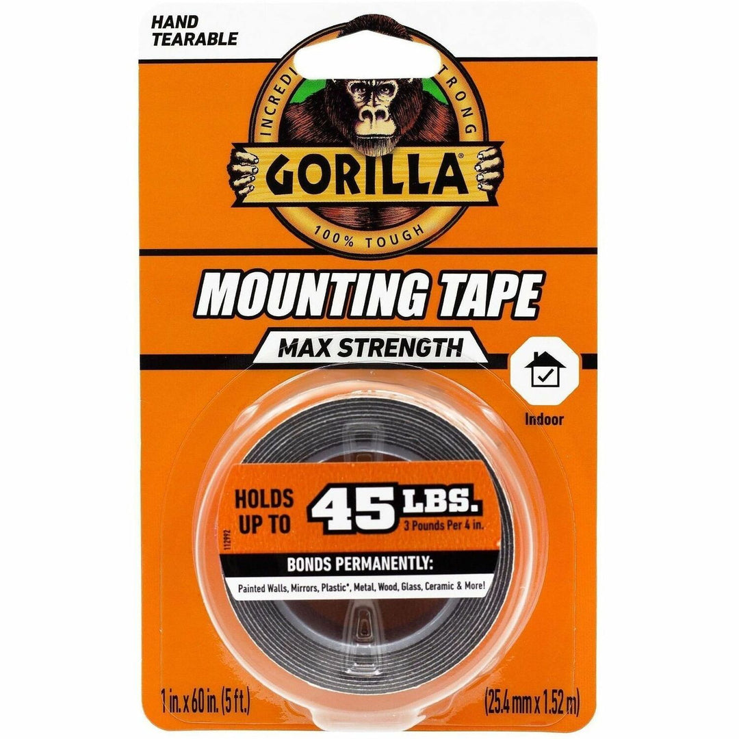 Image of Gorilla® Max Strength Mounting Tape, Permanent, Holds Up to 45 lb (3 lbs per 4 in), 1 x 60, Black