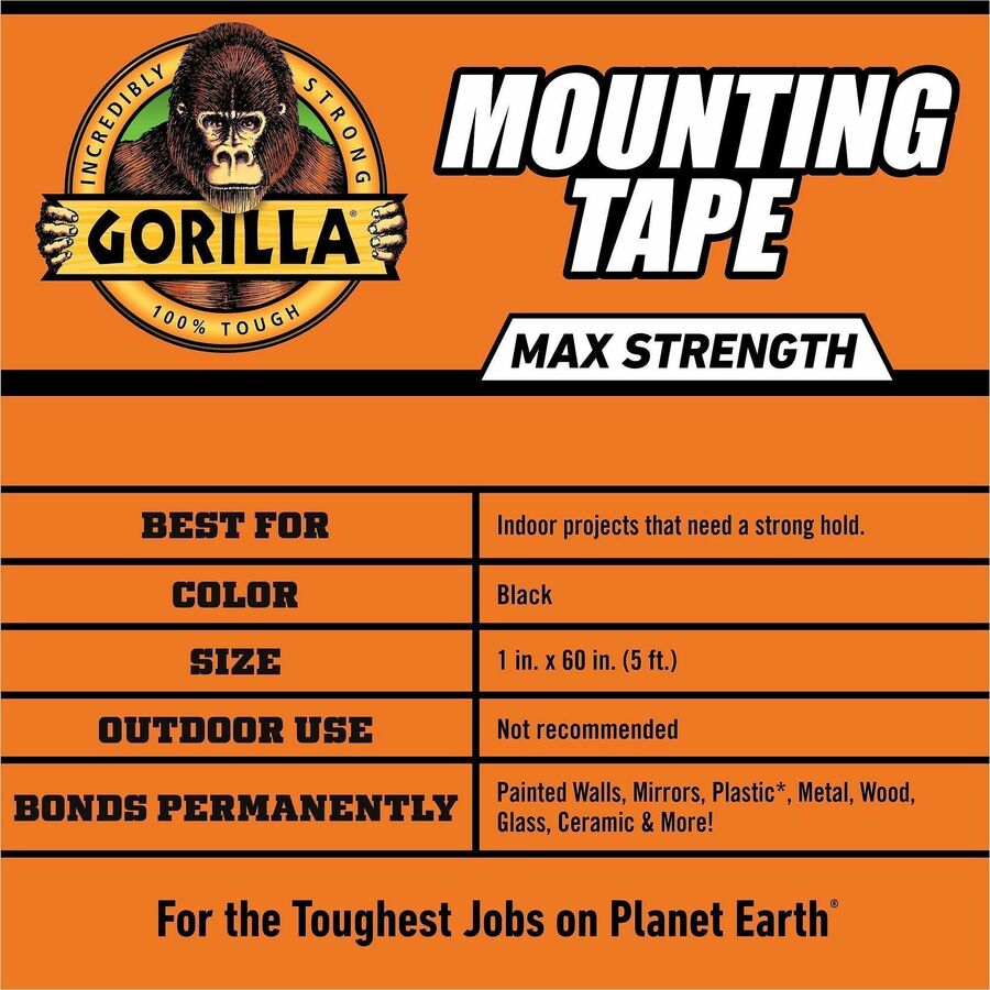 Image of Gorilla® Max Strength Mounting Tape, Permanent, Holds Up to 45 lb (3 lbs per 4 in), 1 x 60, Black