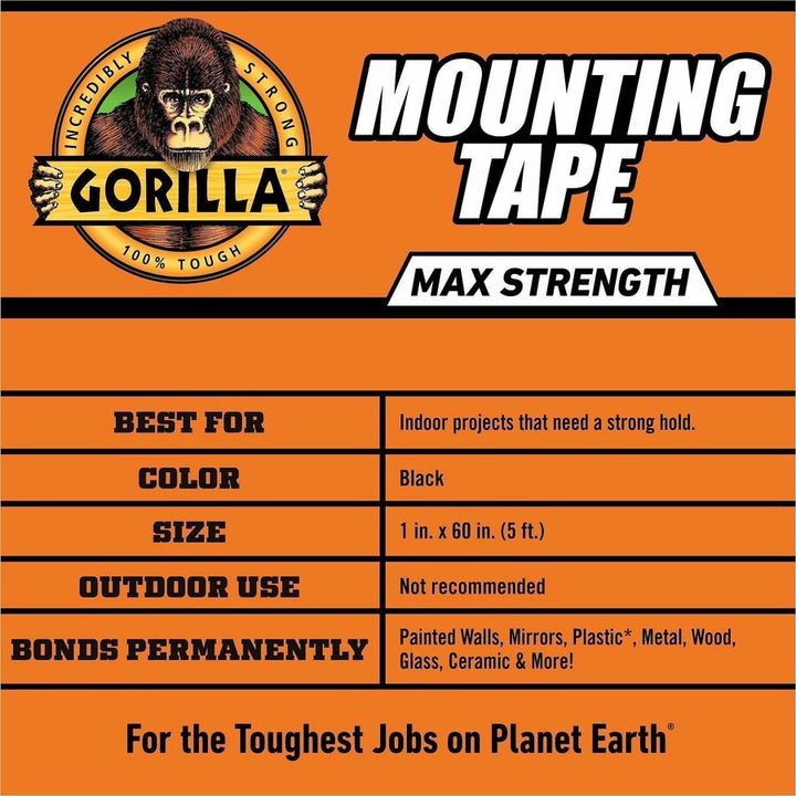 Image of Gorilla® Max Strength Mounting Tape, Permanent, Holds Up to 45 lb (3 lbs per 4 in), 1 x 60, Black