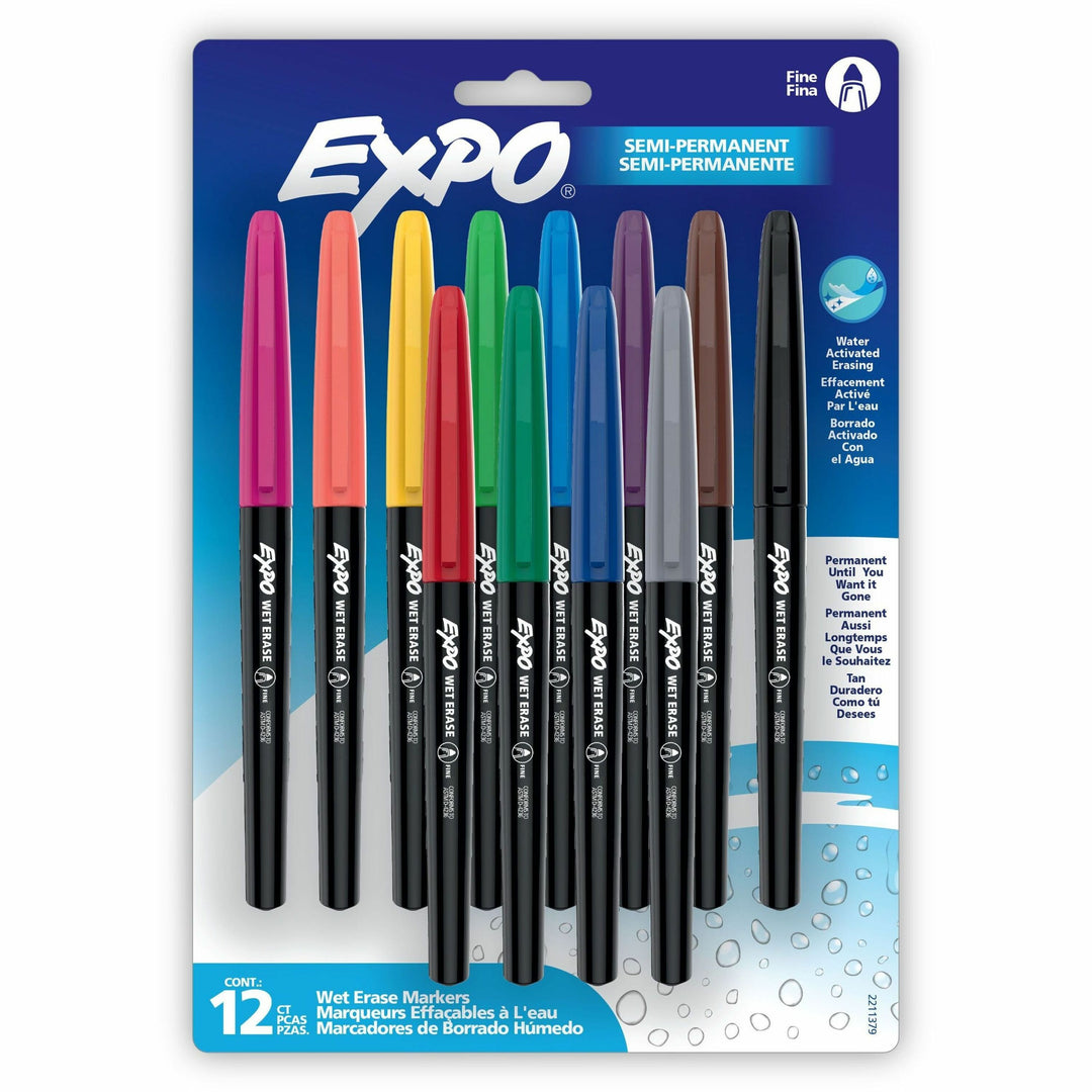 Image of EXPO® Wet Erase Markers, Fine Needle Tip, Assorted Colors, 12/Pack