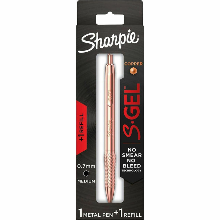 Image of Sharpie 2214552 S-Gel Pens, 0.7 mm Medium Pen Point, Refillable, Retractable, Black Ink, Copper Plated Brass Metal Alloy Barrel, 1 Pack