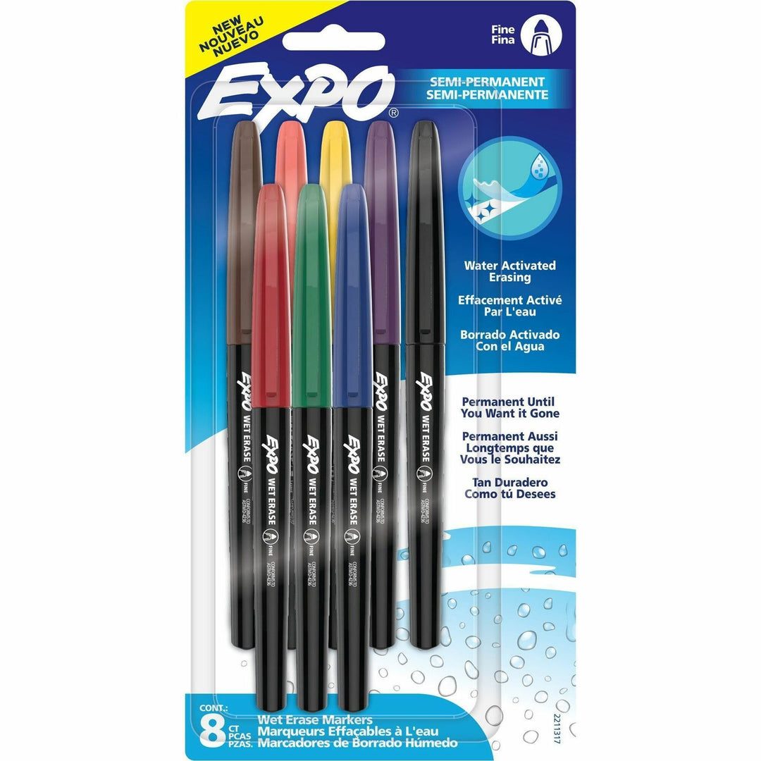 Image of EXPO® Wet Erase Markers, Fine Needle Tip, Assorted, 8/Pack