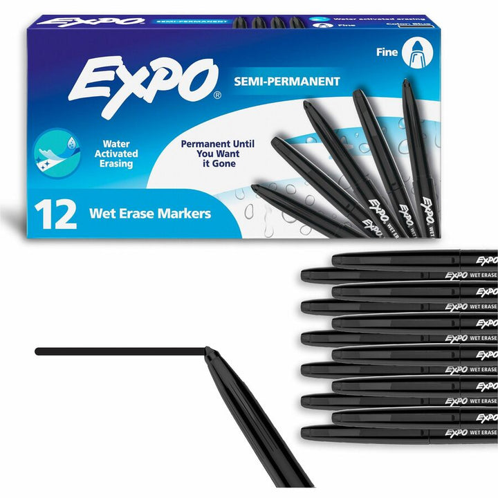 Image of EXPO® Wet Erase Marker, Fine Bullet Tip, Black, 12/Pack