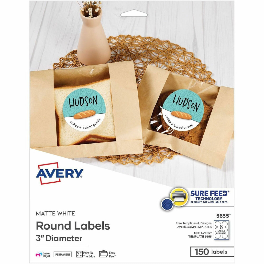 Image of Avery® 05655 Multipurpose Label, 3" Diameter, Round, Matte White, 6 / Sheet, 150 Total Label(s), 150 / Pack