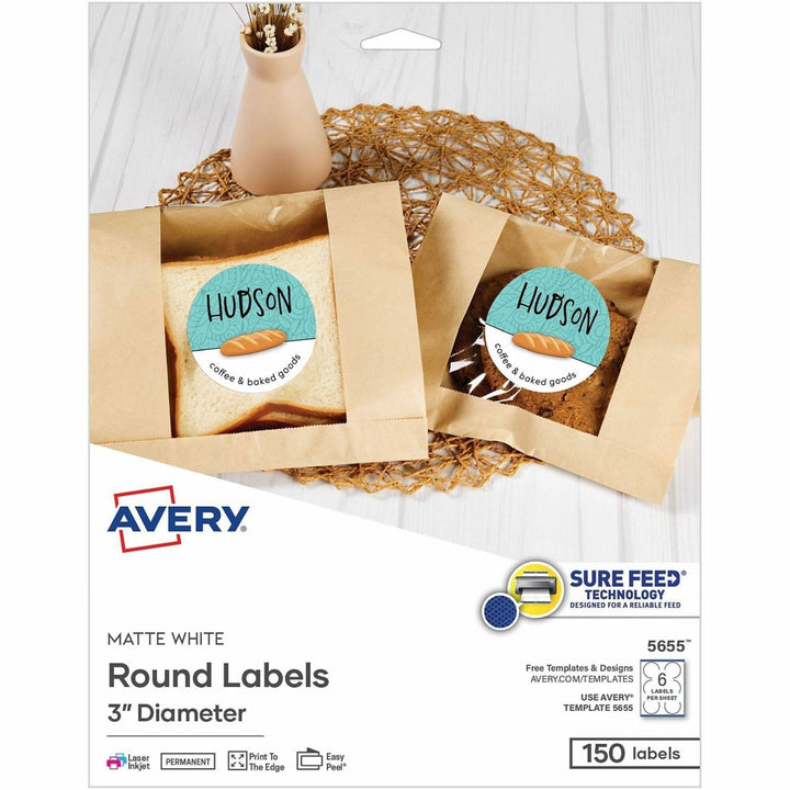 Image of Avery® 05655 Multipurpose Label, 3" Diameter, Round, Matte White, 6 / Sheet, 150 Total Label(s), 150 / Pack