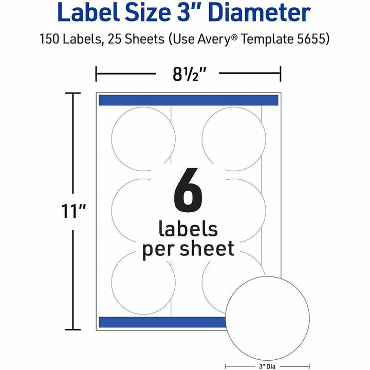 Image of Avery® 05655 Multipurpose Label, 3" Diameter, Round, Matte White, 6 / Sheet, 150 Total Label(s), 150 / Pack