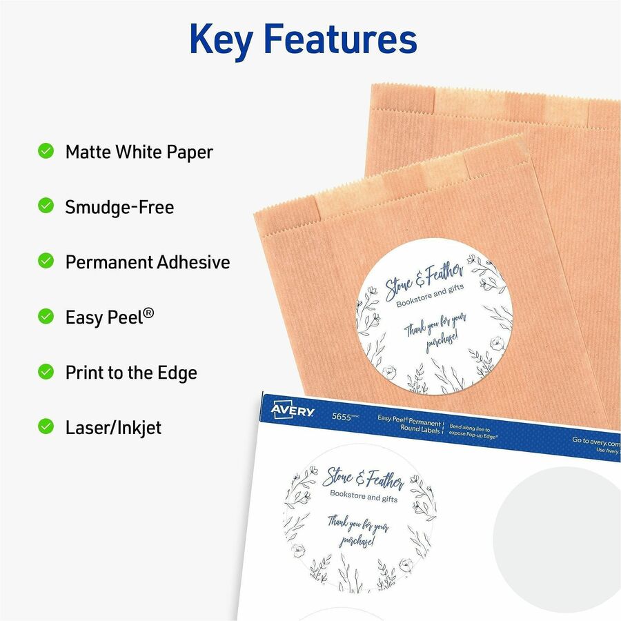 Image of Avery® 05655 Multipurpose Label, 3" Diameter, Round, Matte White, 6 / Sheet, 150 Total Label(s), 150 / Pack