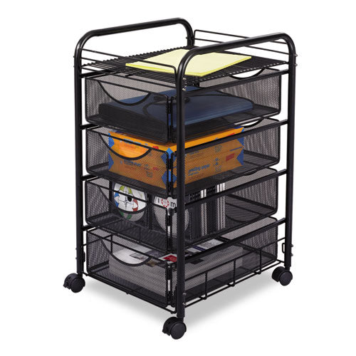 Image of Safco® 5214BL Onyx Mesh Mobile File with Four Supply Drawers, Metal, 1 Shelf, 4 Drawers, 15.75" x 17" x 27", Black
