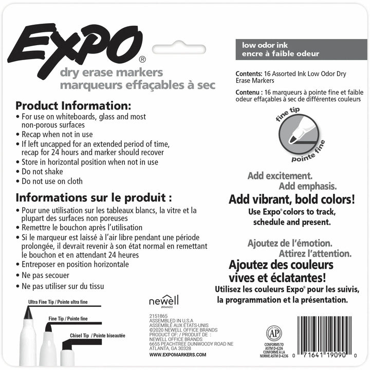 Image of Expo 2138471A Low-Odor Dry Erase Markers, Erasable, Assorted Ink/, 16 / Pack