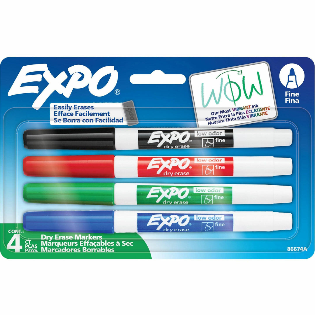 Image of Expo 86674A Low-Odor Dry Erase Markers, Erasable, Assorted Ink, Dry, 4 / Set