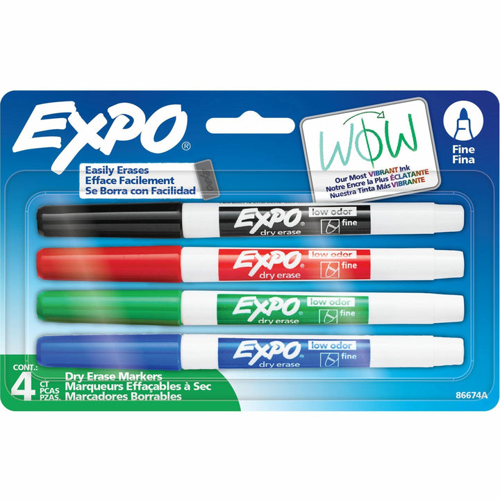 Image of Expo 86674A Low-Odor Dry Erase Markers, Erasable, Assorted Ink, Dry, 4 / Set
