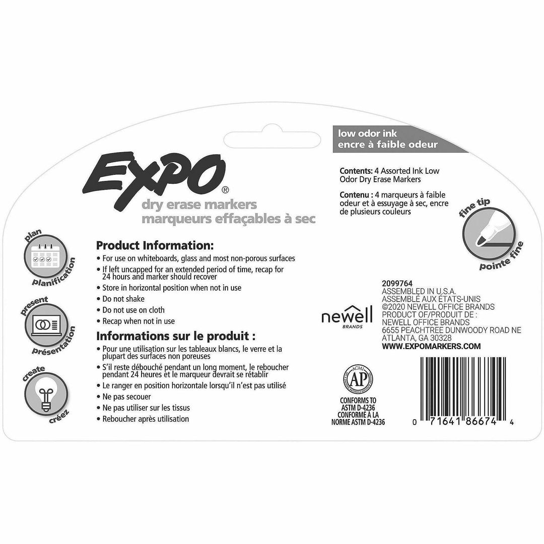 Image of Expo 86674A Low-Odor Dry Erase Markers, Erasable, Assorted Ink, Dry, 4 / Set