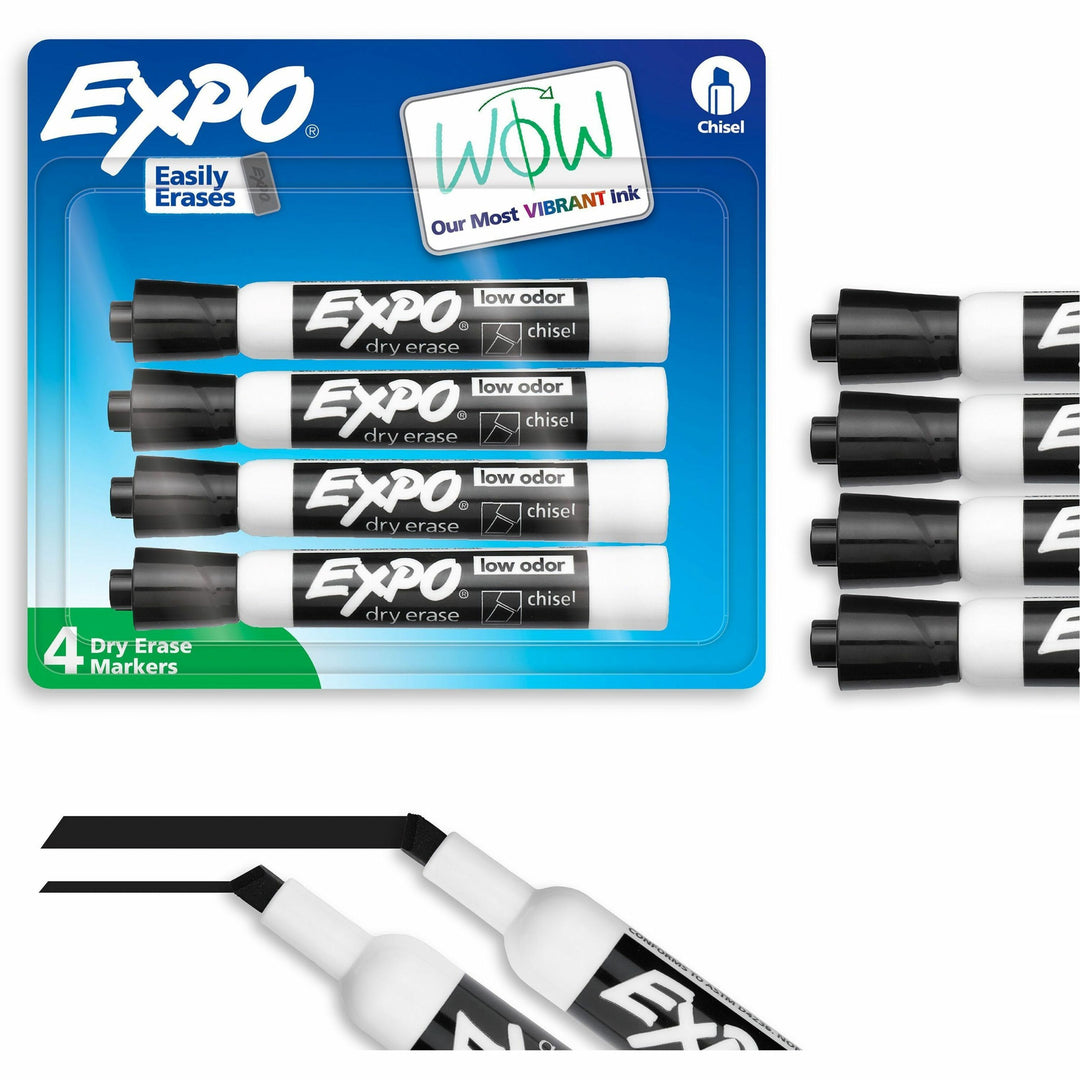 Image of Expo 80661A Dry Erase Chisel Tip Markers, Erasable, Black Ink, Dry, 4 / Pack