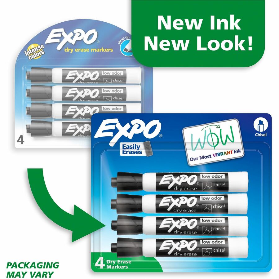 Image of Expo 80661A Dry Erase Chisel Tip Markers, Erasable, Black Ink, Dry, 4 / Pack