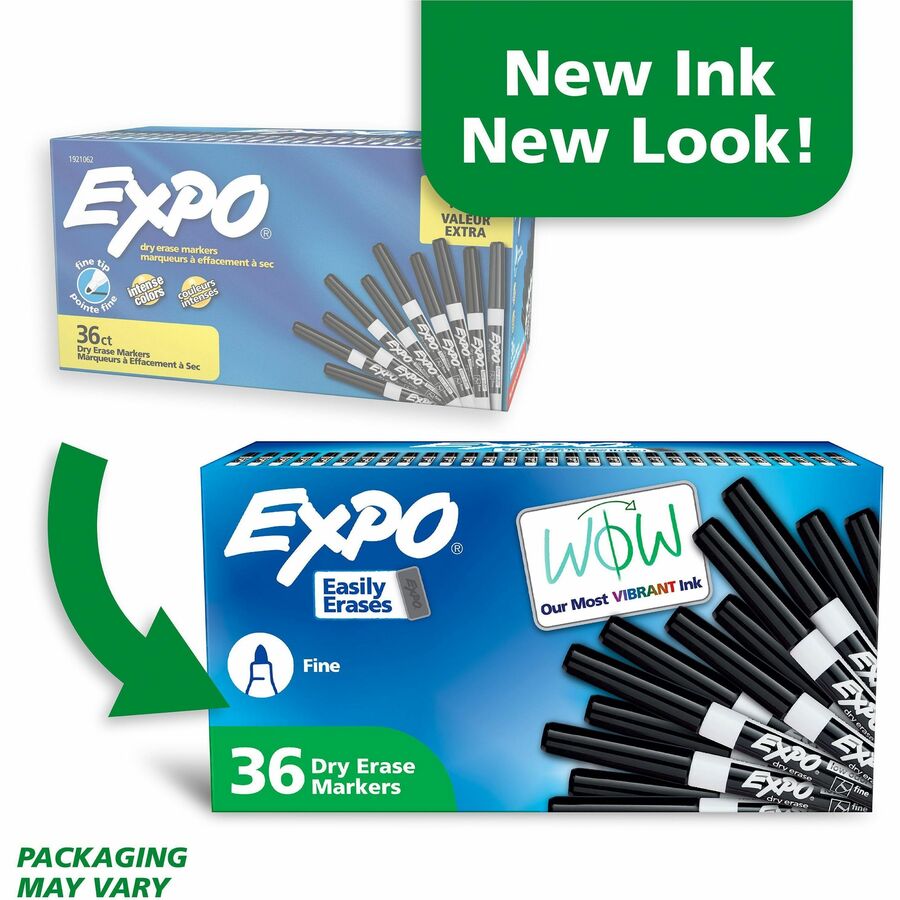Image of Expo 1921062A Low Odour Dry Erase Markers Fine Tip Black 36/box, Erasable, Black Ink, 36 / Pack