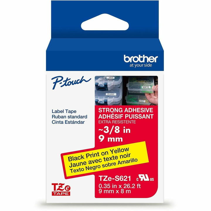 Image of P-touch TZES621G Label Tape, x 11/32" W x 26 1/5 ft Length, Tape, Black On Yellow, Water Resistant, Laminated, 1 Each