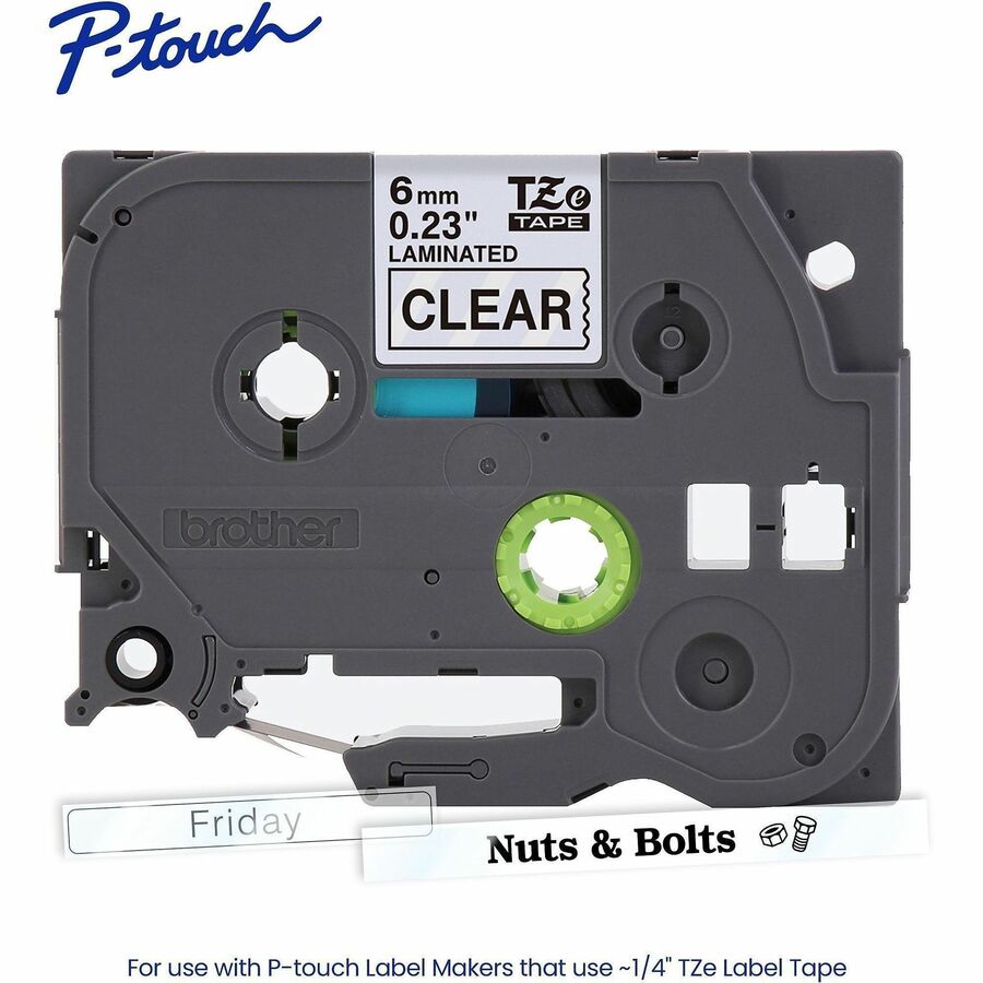 Image of P-touch TZE111G Genuine TZe111 BK on CLR Label Tape, Laminated, 6mmX8m, 15/64" Width, Clear, Laminated, Water Resistant, 1 Each