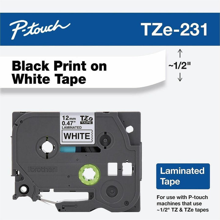 Image of P-touch TZE231G Genuine TZe231 BK on WHT Label Tape, Laminated, 12mmX8m, 15/32" Width, White, Laminated, Water Resistant, 1 Each