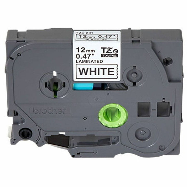 Image of P-touch TZE231G Genuine TZe231 BK on WHT Label Tape, Laminated, 12mmX8m, 15/32" Width, White, Laminated, Water Resistant, 1 Each