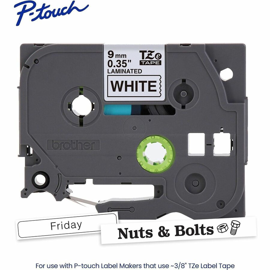 Image of P-touch TZE221G Genuine TZe221 BK on WHT Label Tape, Laminated, 9mmX8m, 23/64" Width, White, Laminated, Water Resistant, 1 Each