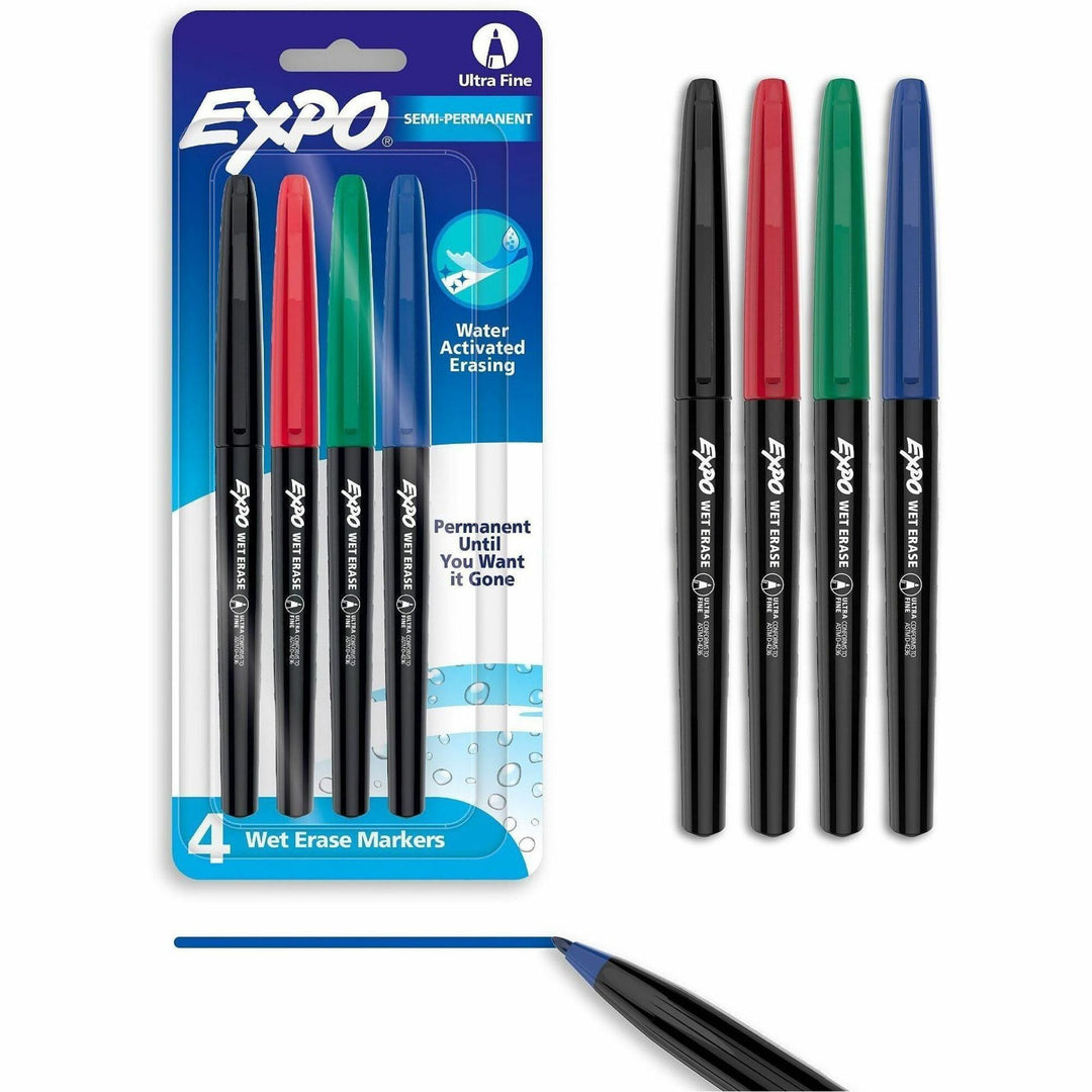 Image of Expo Vis-à-Vis 2134341A Wet Erase Markers, Ultra Fine Tip, Erasable, Assorted Ink, Glass, Calendar, 4 / Pack