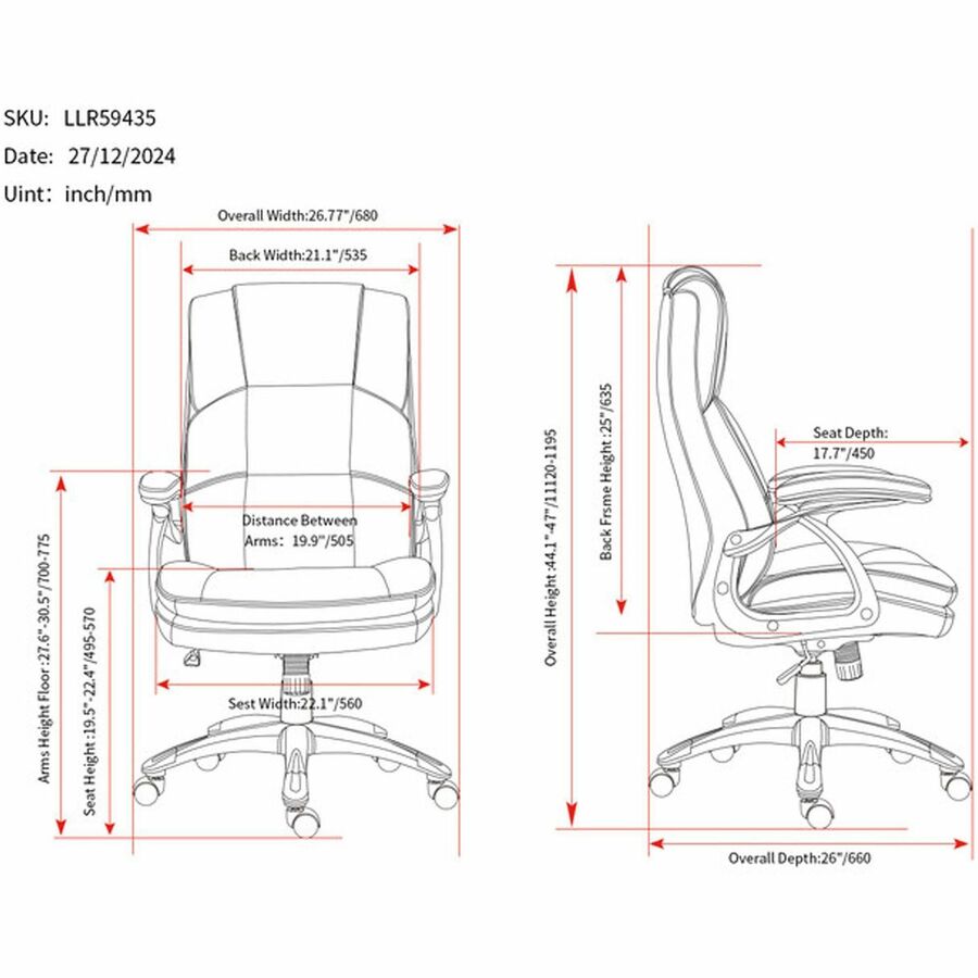 Image of Lorell Hi-Back Chair, PU Leather, 27"x32"x44-1/2", BK