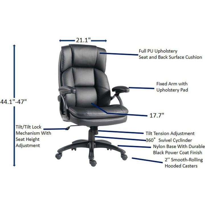 Image of Lorell Hi-Back Chair, PU Leather, 27"x32"x44-1/2", BK