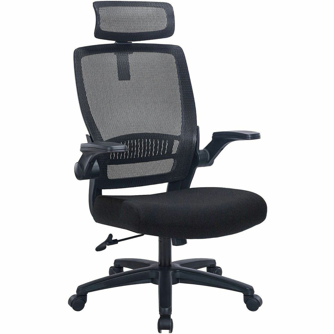 Image of Lorell 63210 Lanser Mesh-Back Chair with Flip-Up Arms, Fabric Seat Material, Mesh Back Material, High Back, 5-star Base, Black, Armrest, 1 Each