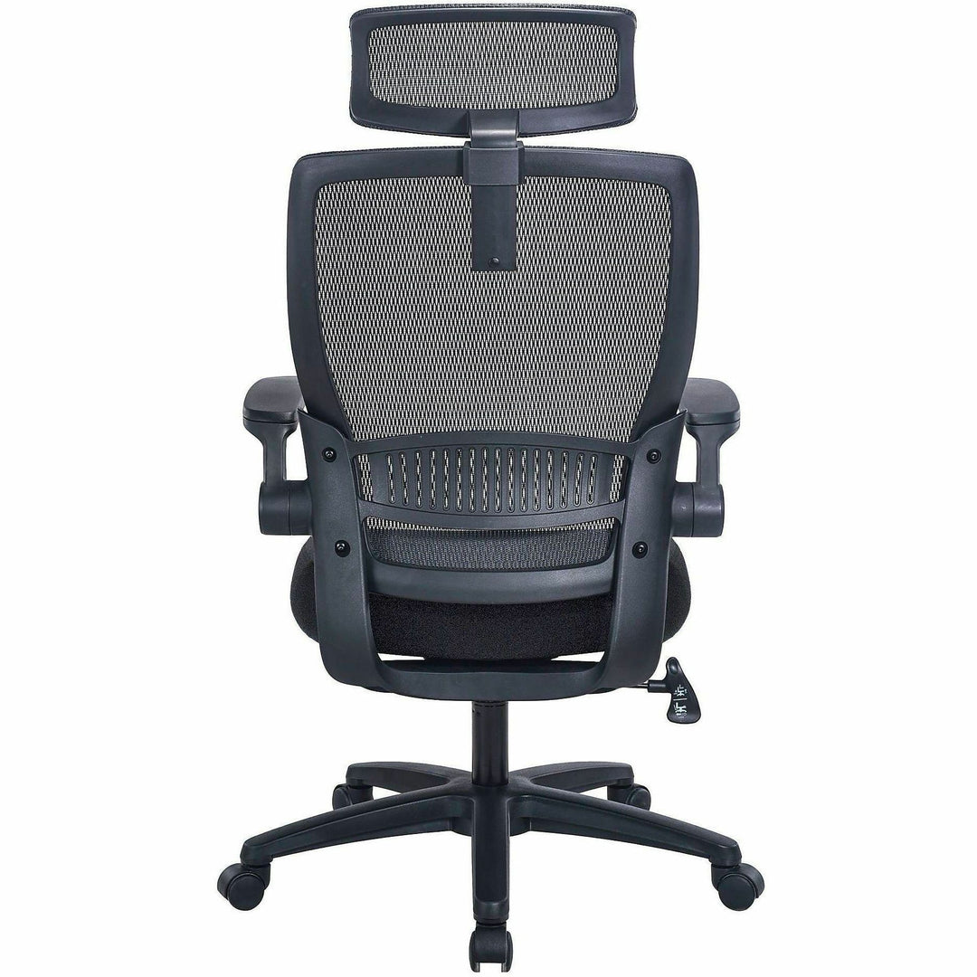 Image of Lorell 63210 Lanser Mesh-Back Chair with Flip-Up Arms, Fabric Seat Material, Mesh Back Material, High Back, 5-star Base, Black, Armrest, 1 Each