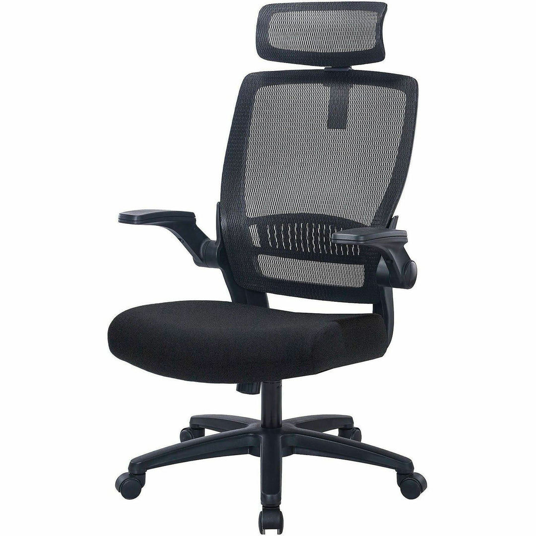 Image of Lorell 63210 Lanser Mesh-Back Chair with Flip-Up Arms, Fabric Seat Material, Mesh Back Material, High Back, 5-star Base, Black, Armrest, 1 Each
