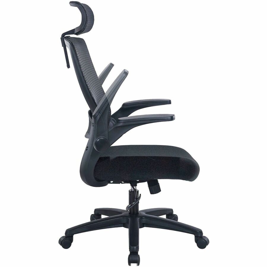 Image of Lorell 63210 Lanser Mesh-Back Chair with Flip-Up Arms, Fabric Seat Material, Mesh Back Material, High Back, 5-star Base, Black, Armrest, 1 Each