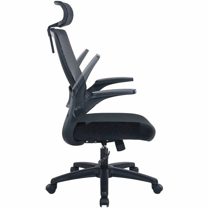 Image of Lorell 63210 Lanser Mesh-Back Chair with Flip-Up Arms, Fabric Seat Material, Mesh Back Material, High Back, 5-star Base, Black, Armrest, 1 Each